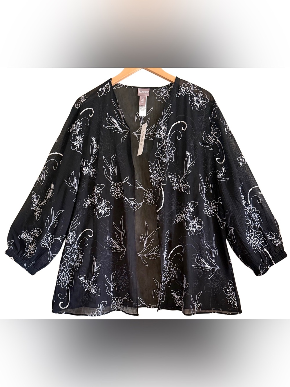 Chico’s Elegant Feminine Embroidered Floral Chic Sheer Chiffon Jacket 3/XL NWT